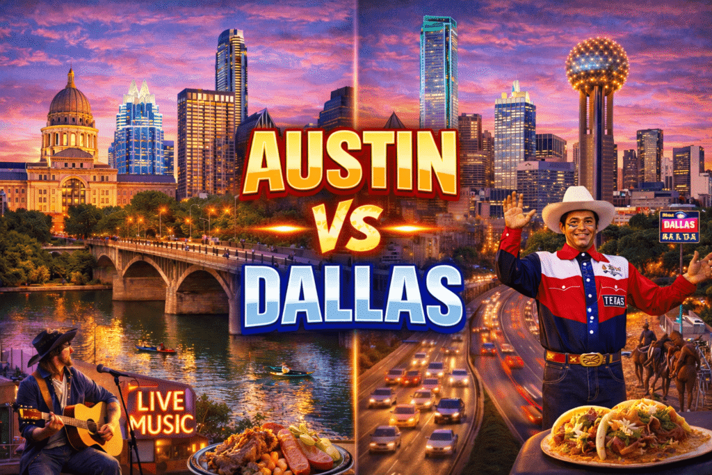 Austin vs Dallas road trip comparison featuring skyline views, highways, attractions, and Texas driving routes