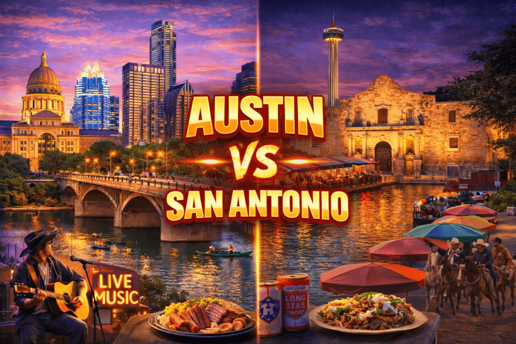 Austin vs San Antonio road trip comparison highlighting city landmarks, River Walk, highways, and travel atmosphere