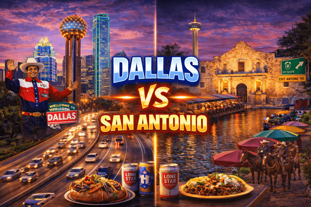 Dallas vs San Antonio road trip comparison showing city skylines, River Walk, highways, and Texas road travel