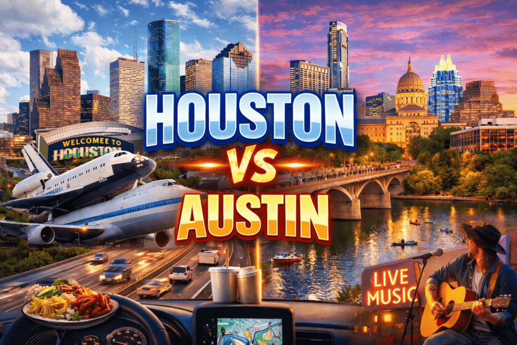 Houston vs Austin road trip comparison showing city skylines, highways, food culture, and driving experience in Texas