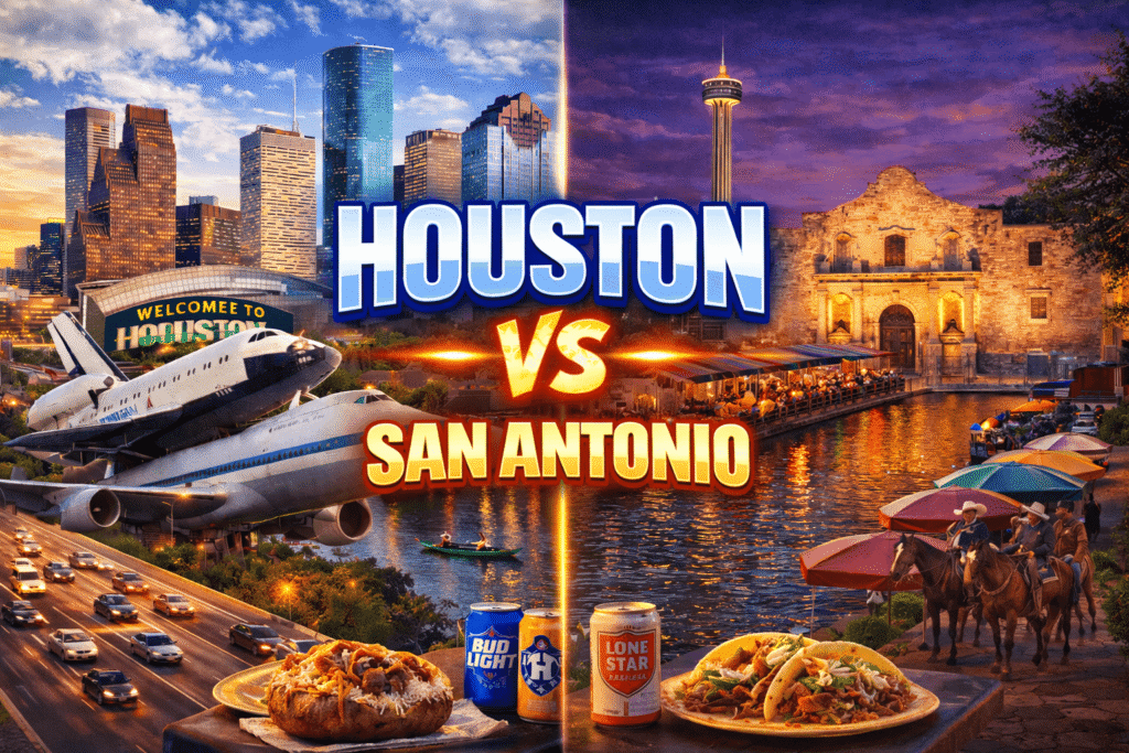 Houston vs San Antonio road trip comparison featuring skyline views, highways, Alamo, and Texas travel experience